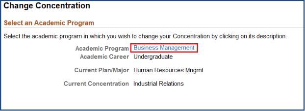 Program highlighted on the Change Concentration page
