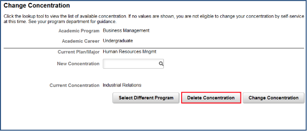 Change Concentation page after selecting program, with the Delete Concentration button highlighted