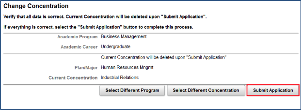 Change Concentration verification page with Submit Application button