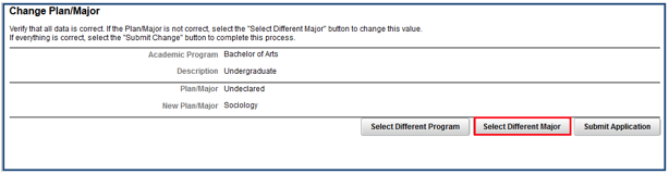 Plan/major verification with Select Different Major button highlighted