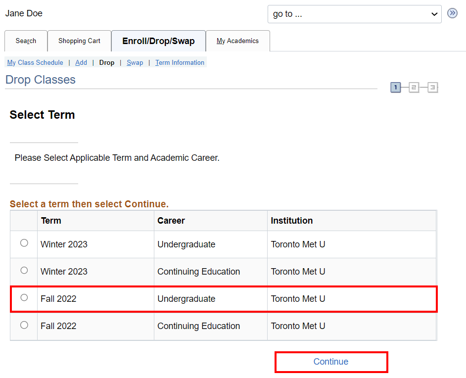 'Term' table and 'Continue' button highlighted on 'Enrol/Drop/Swap' page