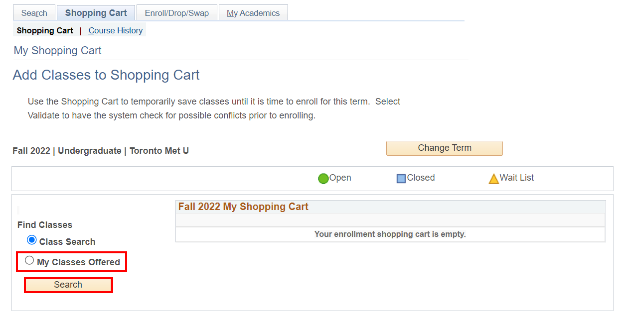 Add Classes to Shopping Cart section with 'My Classes Offered' radio button and 'Search' button highlighted 