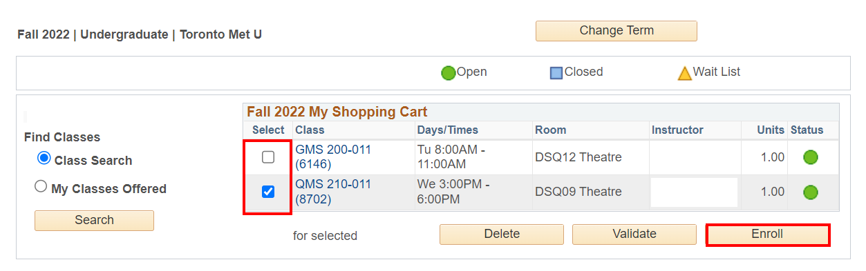 Checklist of classes in Shopping Cart with 'Enrol' button highlighted