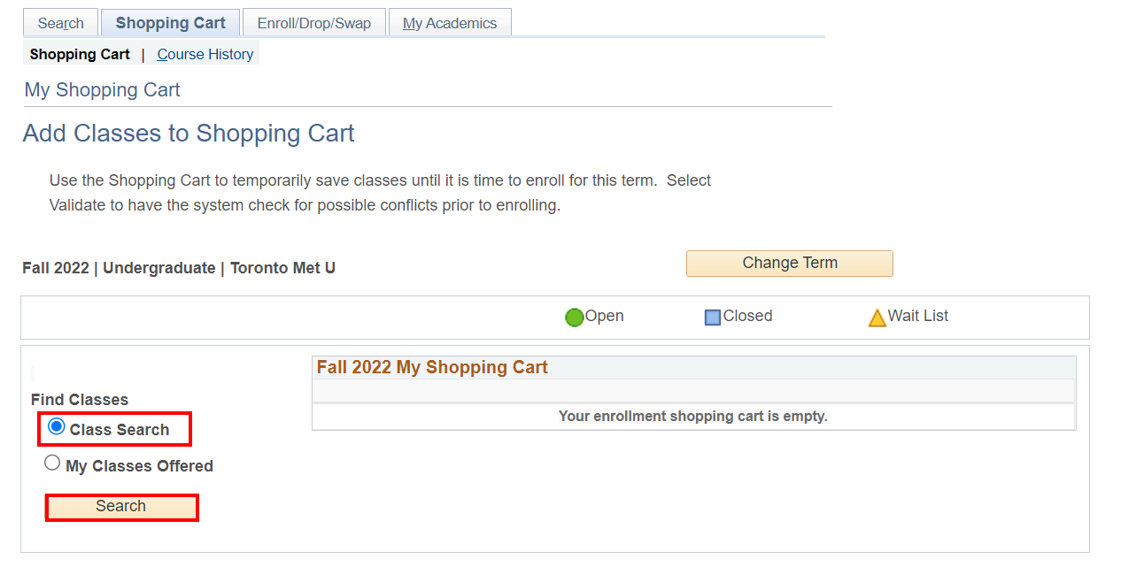 'Add Classes to Shopping Cart' section with 'Class Search' button and 'Search' button highlighted