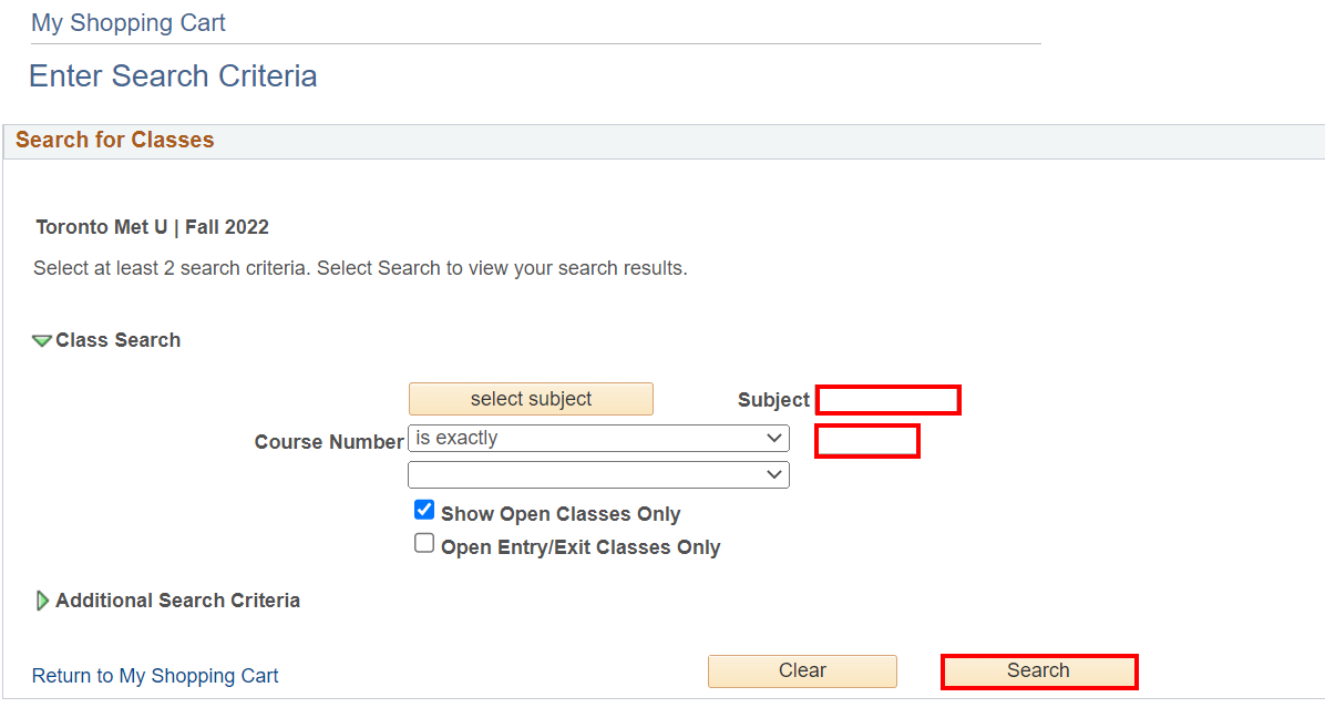 'Enter Search Criteria' section of 'Shopping Cart' with 'Subject' and 'Course Number' fields, and 'Search' button highlighted