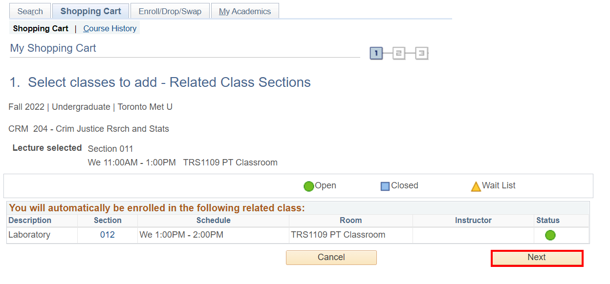 'Add Classes' section with class details and highlighted 'Next' button