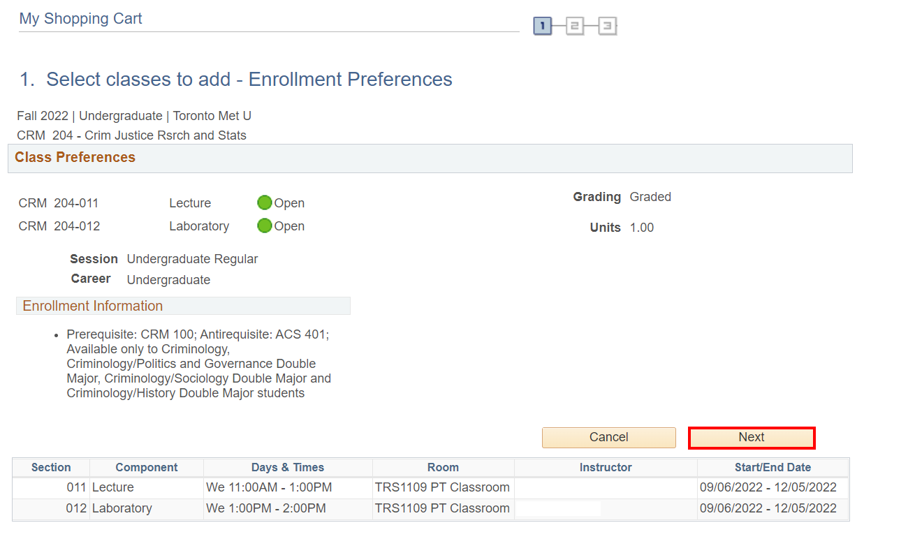 '1. Select classes to add - Enrollment Preferences' section with highlighted 'Next' button