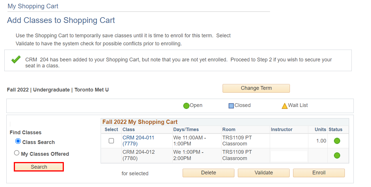 Checklist of classes in Shopping Cart and highlighted 'Search' button