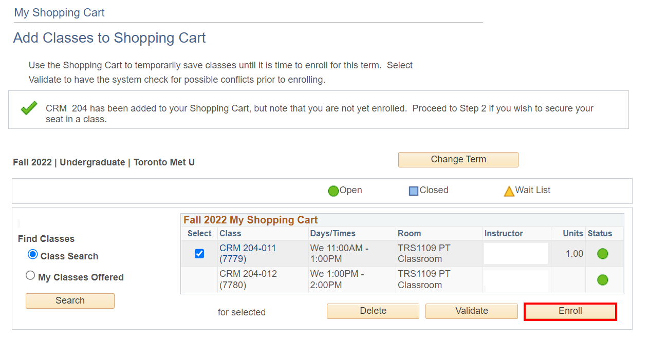 Selected classes in Shopping Cart and highlighted 'Enrol' button