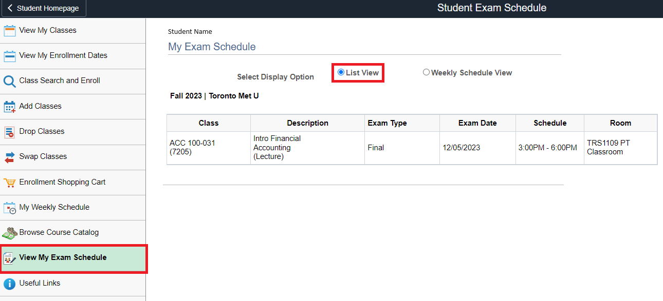 View My Exam Schedule option highlighted in left-hand menu on MyServiceHub.