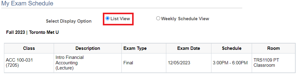 List View display option in the top section of the Exam Schedule.