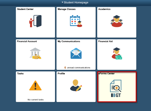 The Student home page with the eForms Center tile highlighted.