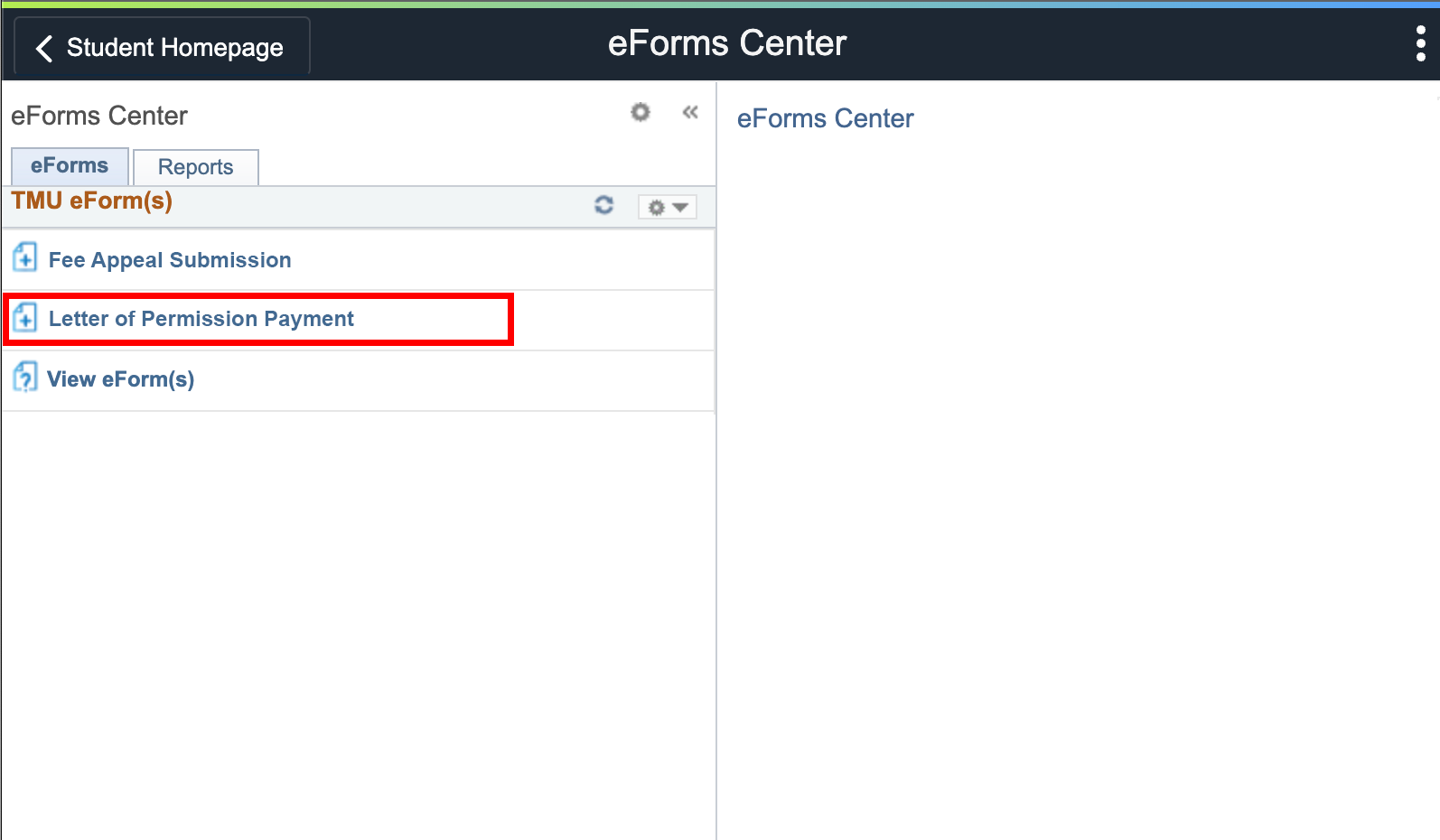 The eForms Center page with the Letter of Permission Payment link highlighted.