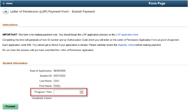 The Letter of Permission Payment Form page with the Program/Plan text box highlighted.