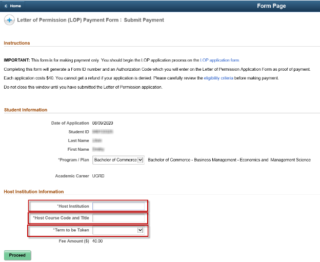 The Letter of Permission: Submit Payment page with the Host Institution Information fields highlighted.