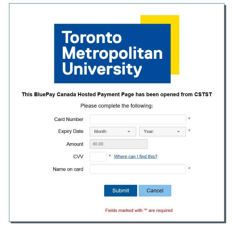 Payment screen includes TMU logo and form for credit card information.