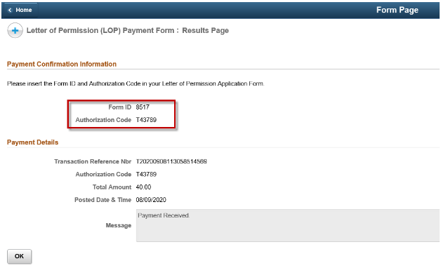 Letter of Permission Payment Confirmation page with the Form ID and Authorization Code fields highlighted.