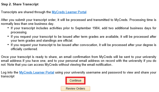 Share Transcripts screen includes instructions to use MyCreds Learner Portal. The Continue button and the Review Orders button are at the bottom of this page.