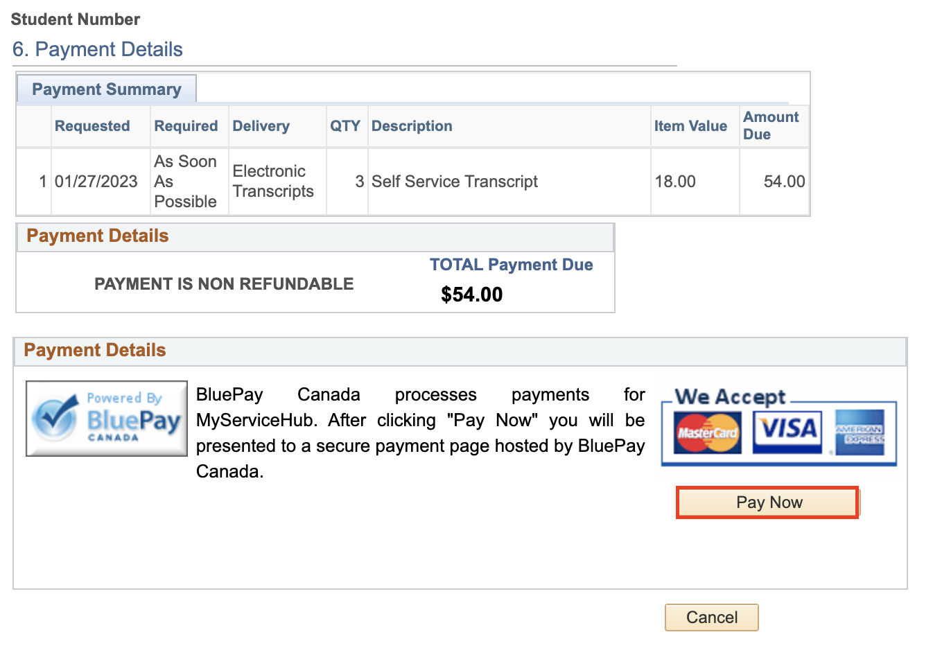 Payment screen includes order summary, total payment due and a link to Pay Now.
