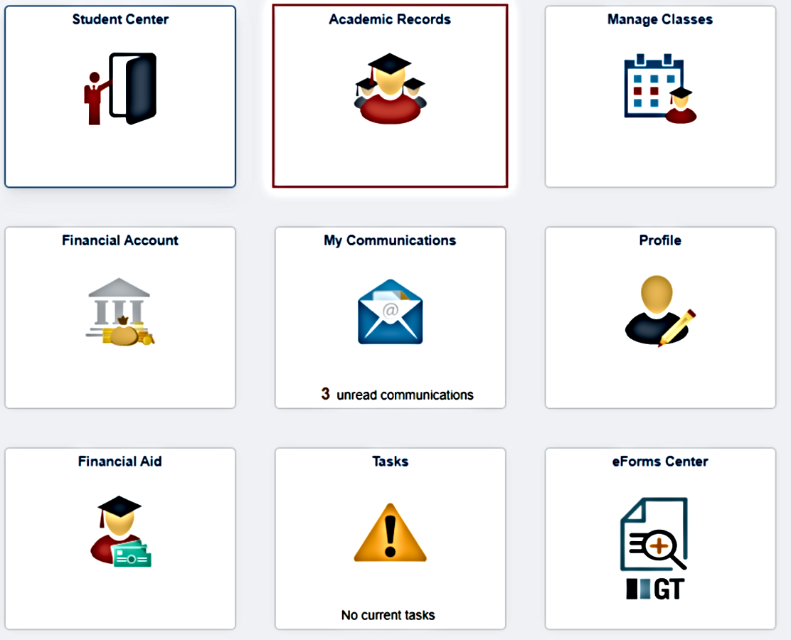 Academic Records tile highlighted on MyServiceHub Student Homepage