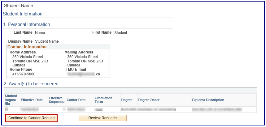 Student Information page showing Continue to Courier Request button in the Award(s) to be couriered section.