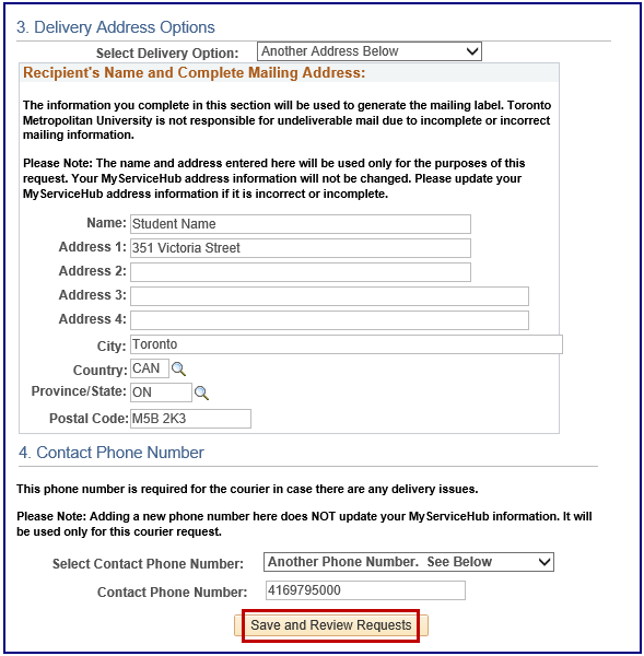 Delivery Address Options section with Save and Review Requests button highlighted.