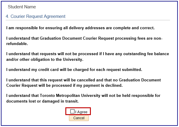 Courier Request Agreement with I Agree checkbox