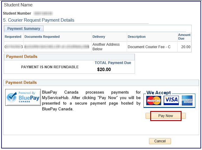Courier Request Payment Details section with Pay Now button