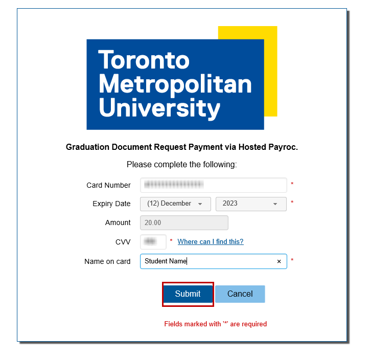 Graduation Document Request Payment screen includes TMU logo, credit card details and Submit button.