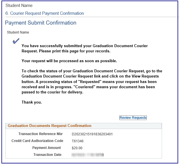 Courier Request Payment Confirmation page