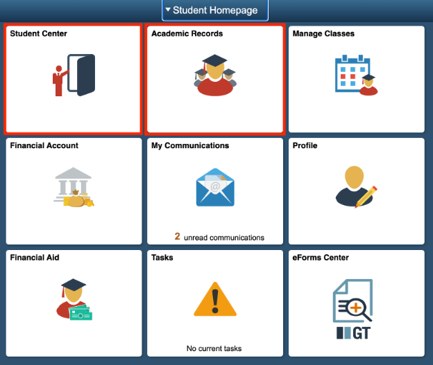 The RAMSS Support Student Homepage with the Student Center and Academic Records tiles highlighted.