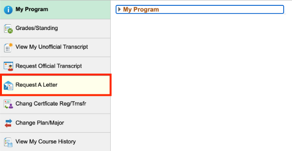The My Program page with the Request a Letter link in the left navigation menu highlighted.