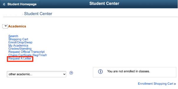 The Student Center page with the Request a Letter hyperlink highlighted.