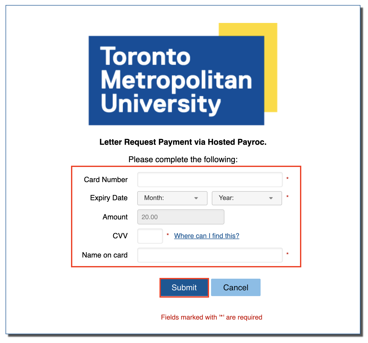 The Pay Now page with a form to input credit card details highlighted.