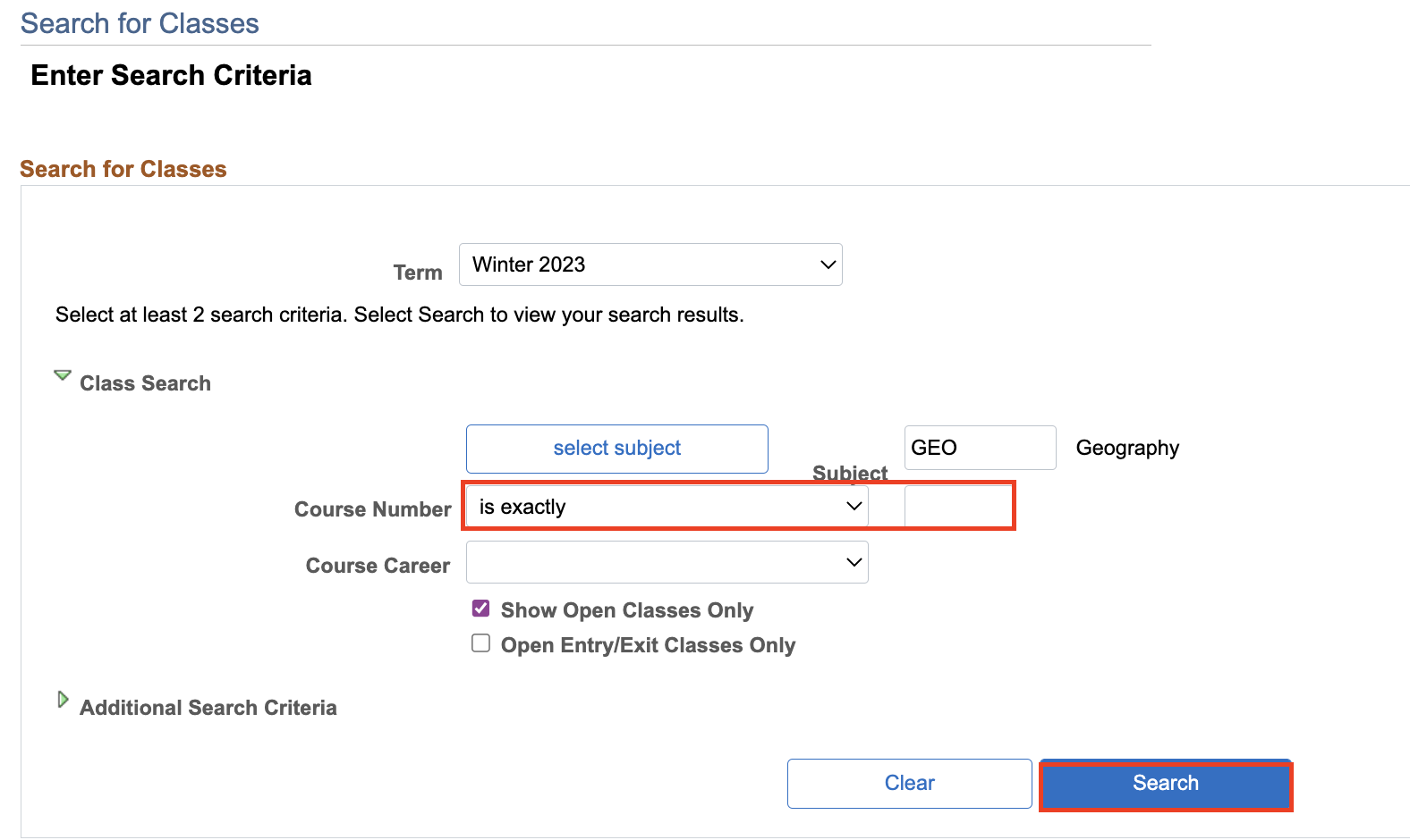 Show Open Classes Only checkbox in Search for Classes section.