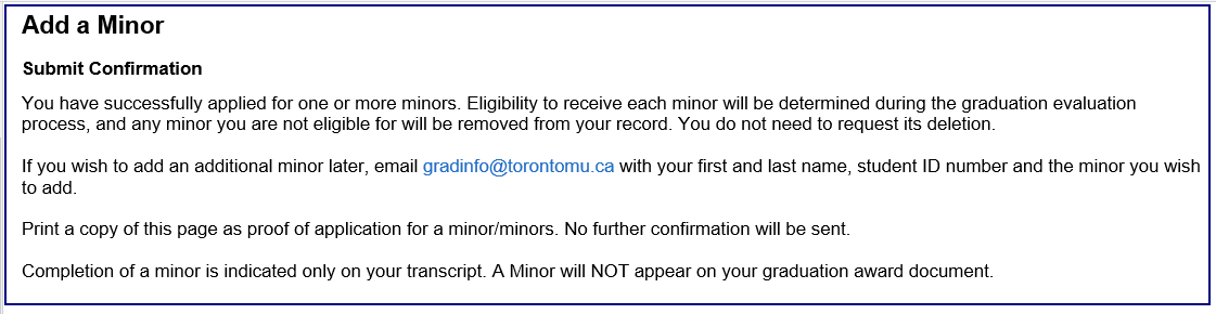 Submit Confirmation message, includes email to gradinfo@torontomu.ca for additional edits.