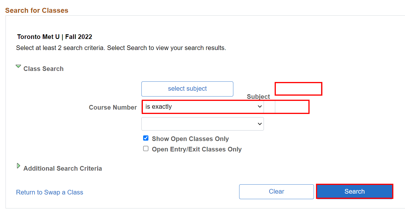Course Number search option in Swap a Class section.
