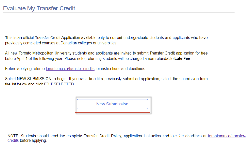 New Submission button highlighted under evaluate my transfer credit page