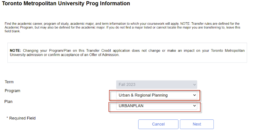 Program, and Plan drop down options highlighted within the Toronto Metropolitan University Prog Information page