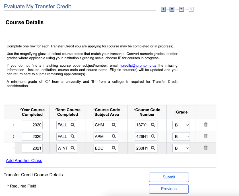 Course details page under Evaluate my Transfer credit showing various courses with grades