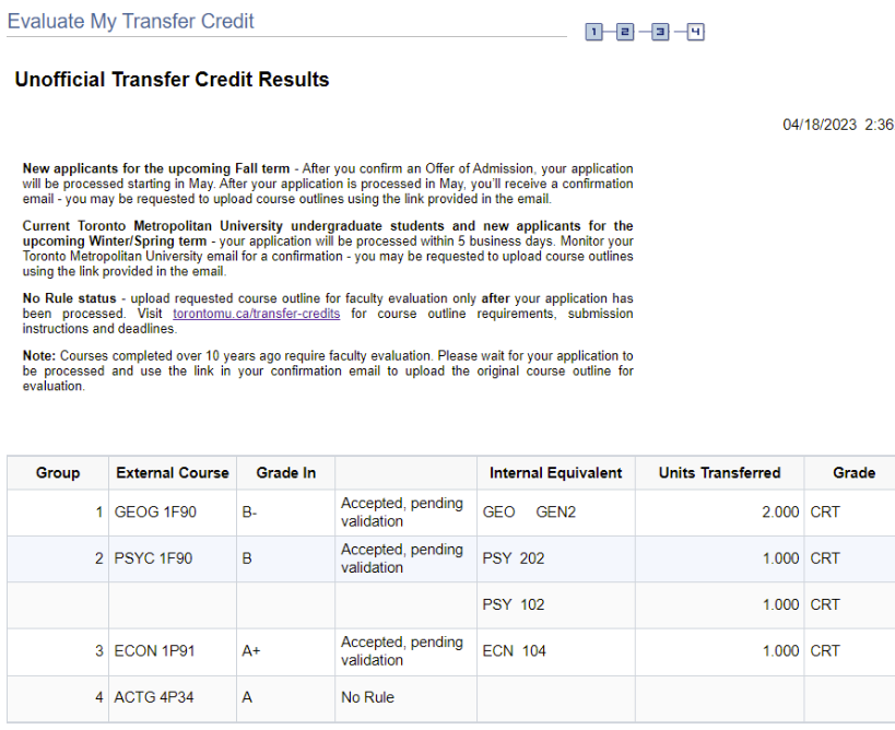 Unofficial Transfer Credit Results page showing various courses with grades and their status