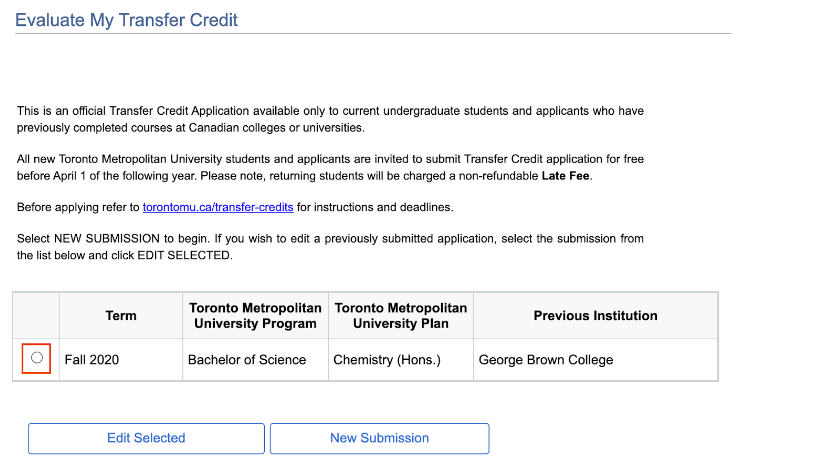 Radio button highlighted for new submission or edit selected options within Evaluate My Transfer Credit page 