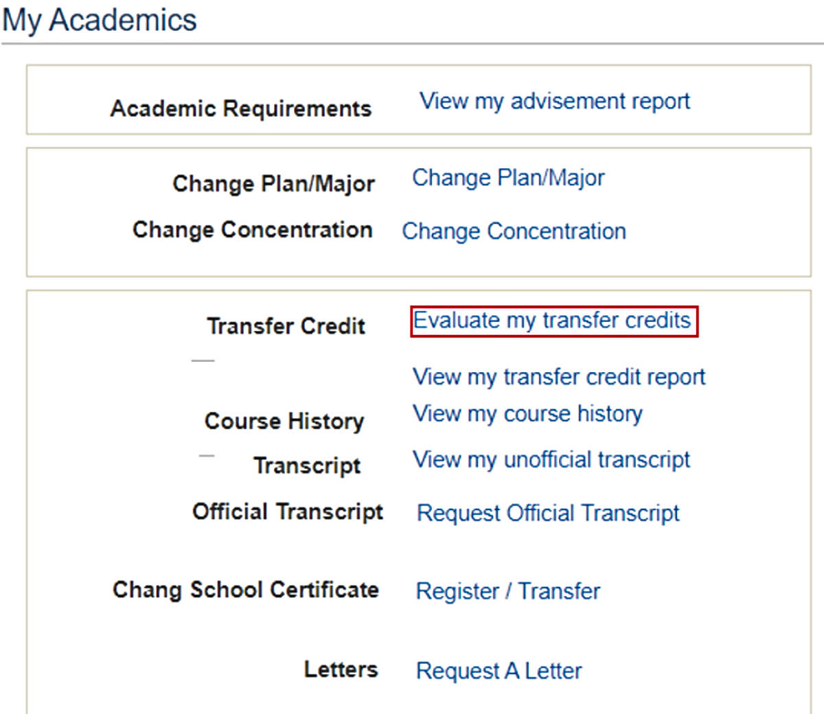 'Evaluate my transfer credits' link in My Academics section of RAMSS