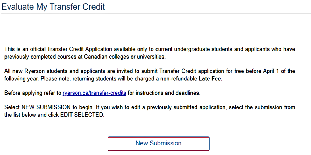 'New Submission' button in Evaluate My Transfer Credit section