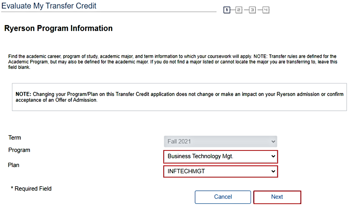 Highlighted 'Program' and 'Plan' drop-down menus in Evaluate My Transfer Credit section