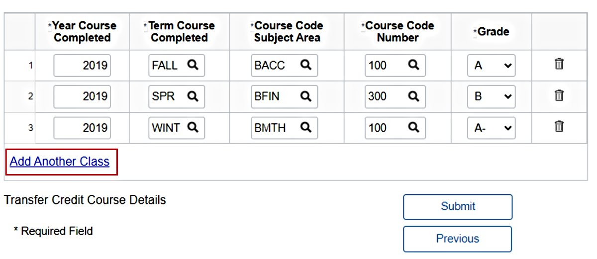 Transfer credit course details with 'Add Another Class' option highlighted