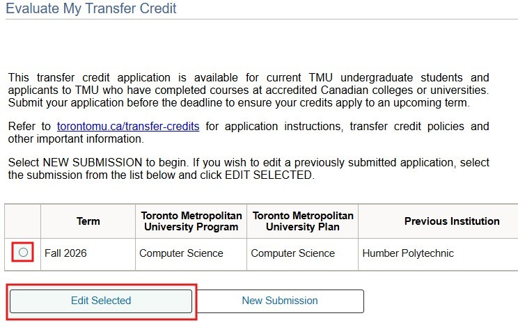 Select the term to review in the table on the Evaluate My Transfer Credit page. Click Edit Selected button to continue.