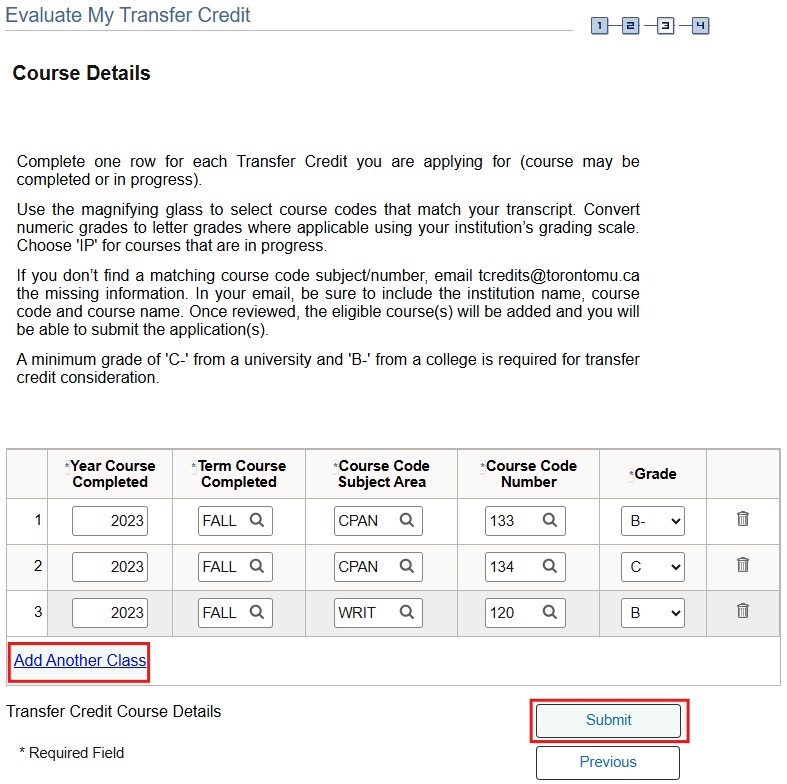 Course Details page includes a table with year and term course was completed, subject area, course number and grade. Click Add Another Class link. Click Submit when done.