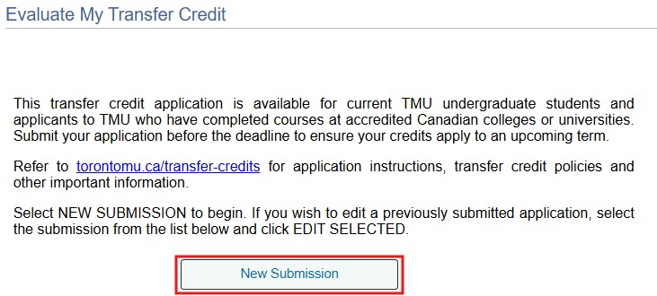 New Submission button highlighted on Evaluate My Transfer Credit page