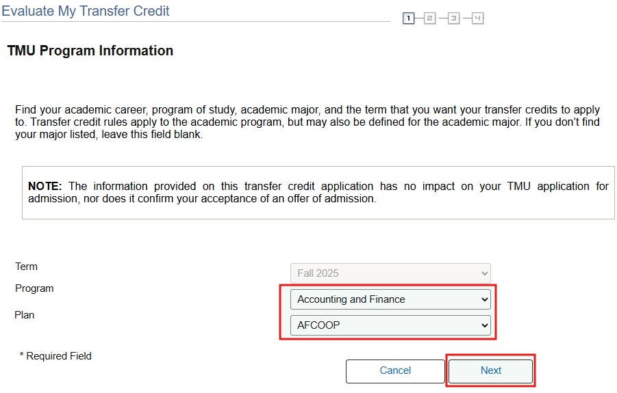 Program and Plan drop-down menus highlighted on the TMU Program Information page. Click Next button to continue.